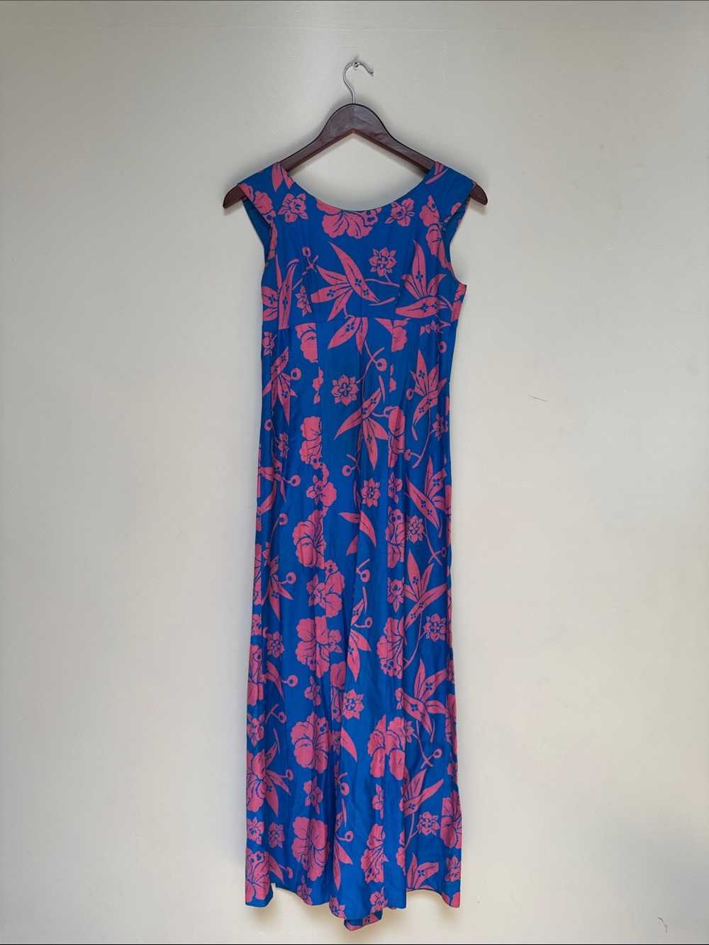 Vintage 1960s Blue Maxi Dress with Pink Floral Print made in Hawaii